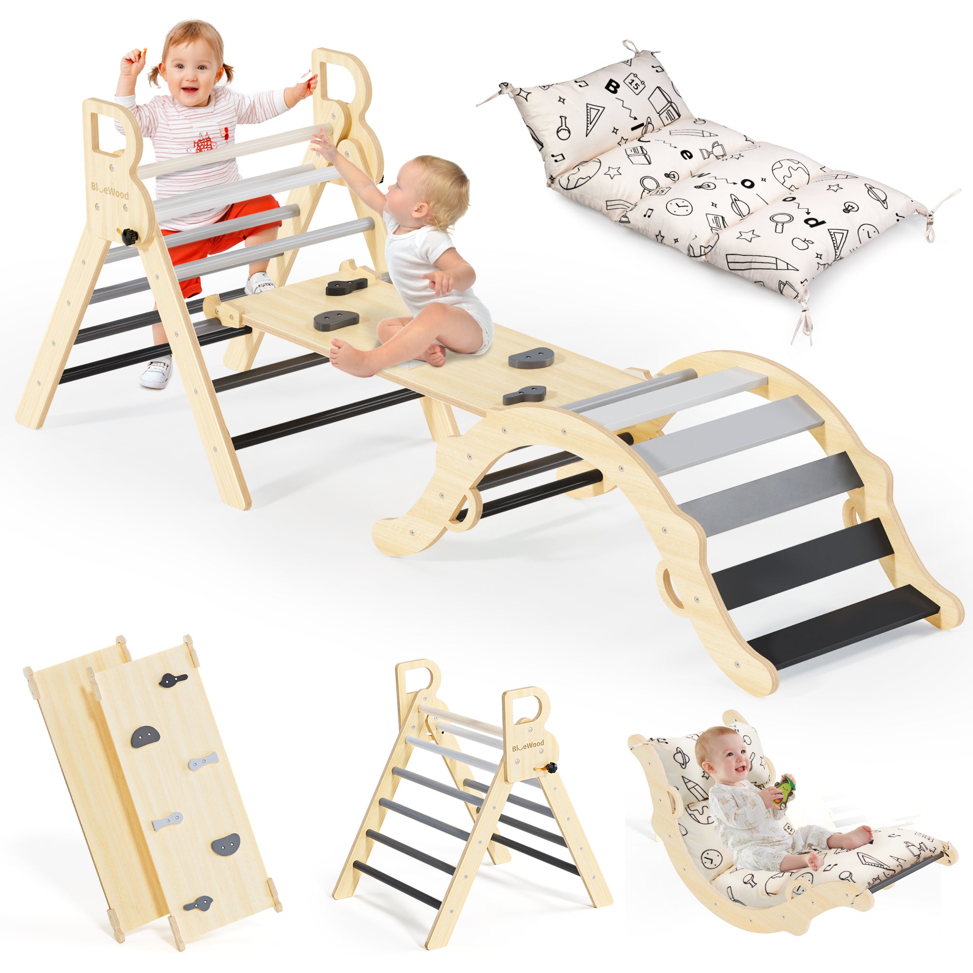 Totsicle - BlueWood® Pikler Triangle Playset avec coussin *Arc-en-ciel