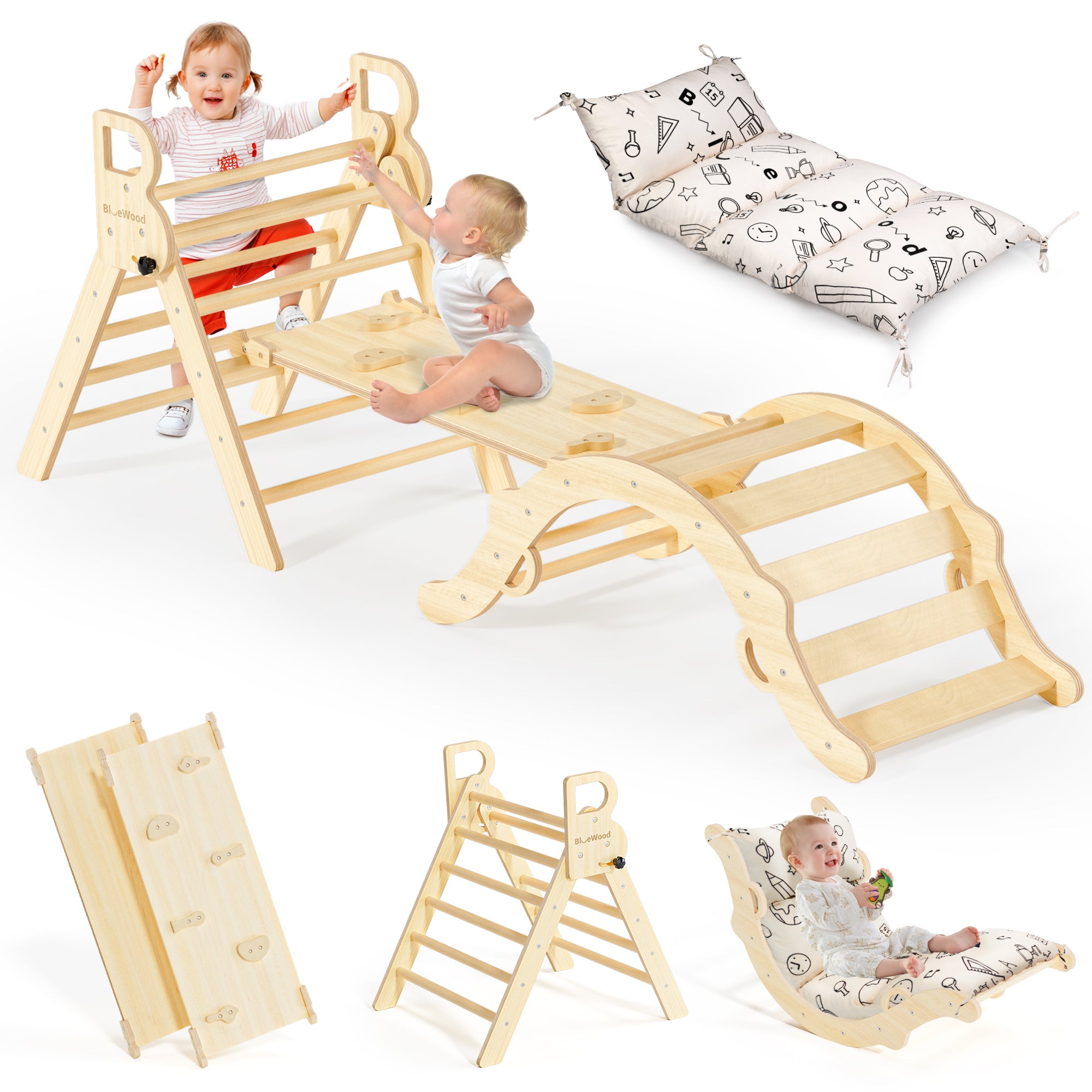 Totsicle - BlueWood® Pikler Triangle Playset avec coussin *Arc-en-ciel