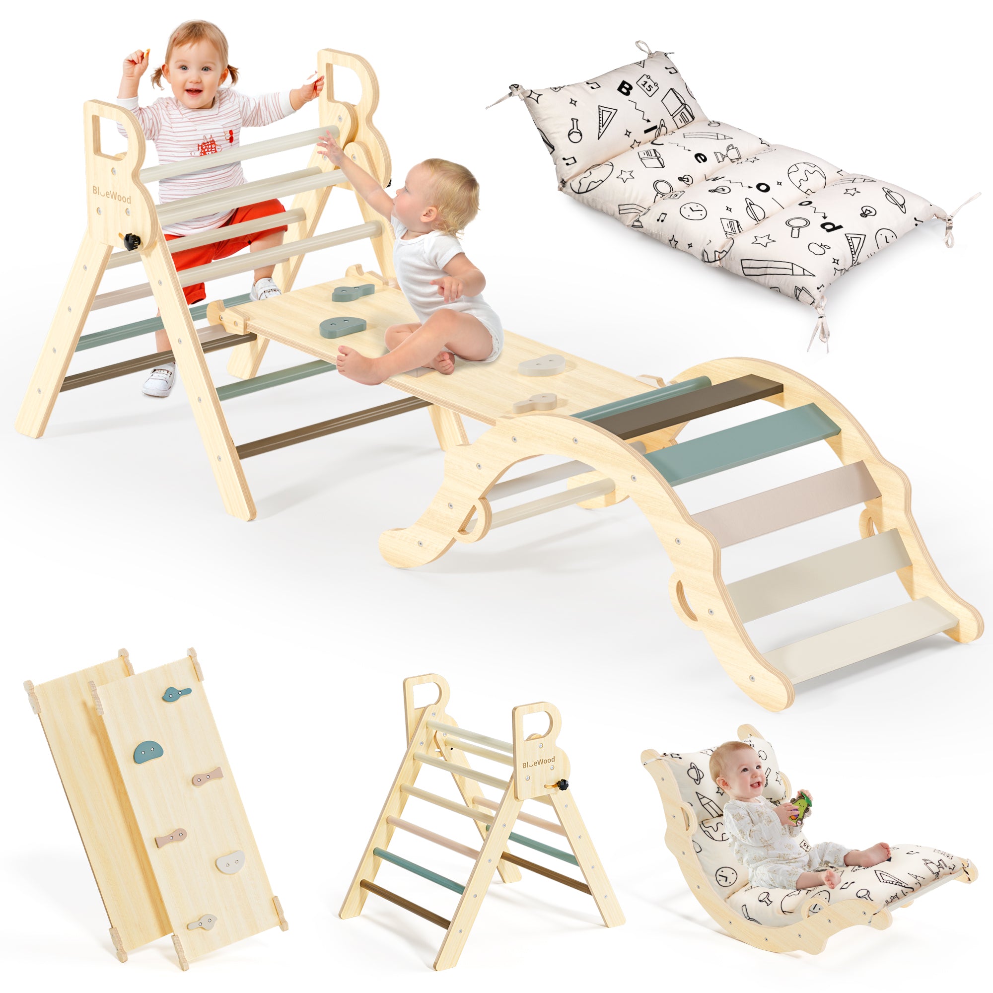 Totsicle - BlueWood® Pikler Triangle Playset avec coussin *Arc-en-ciel