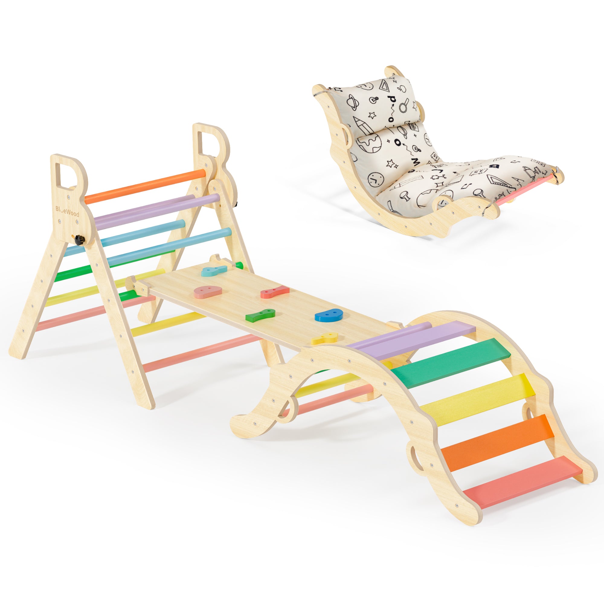 Totsicle - BlueWood® Pikler Triangle Playset avec coussin *Arc-en-ciel