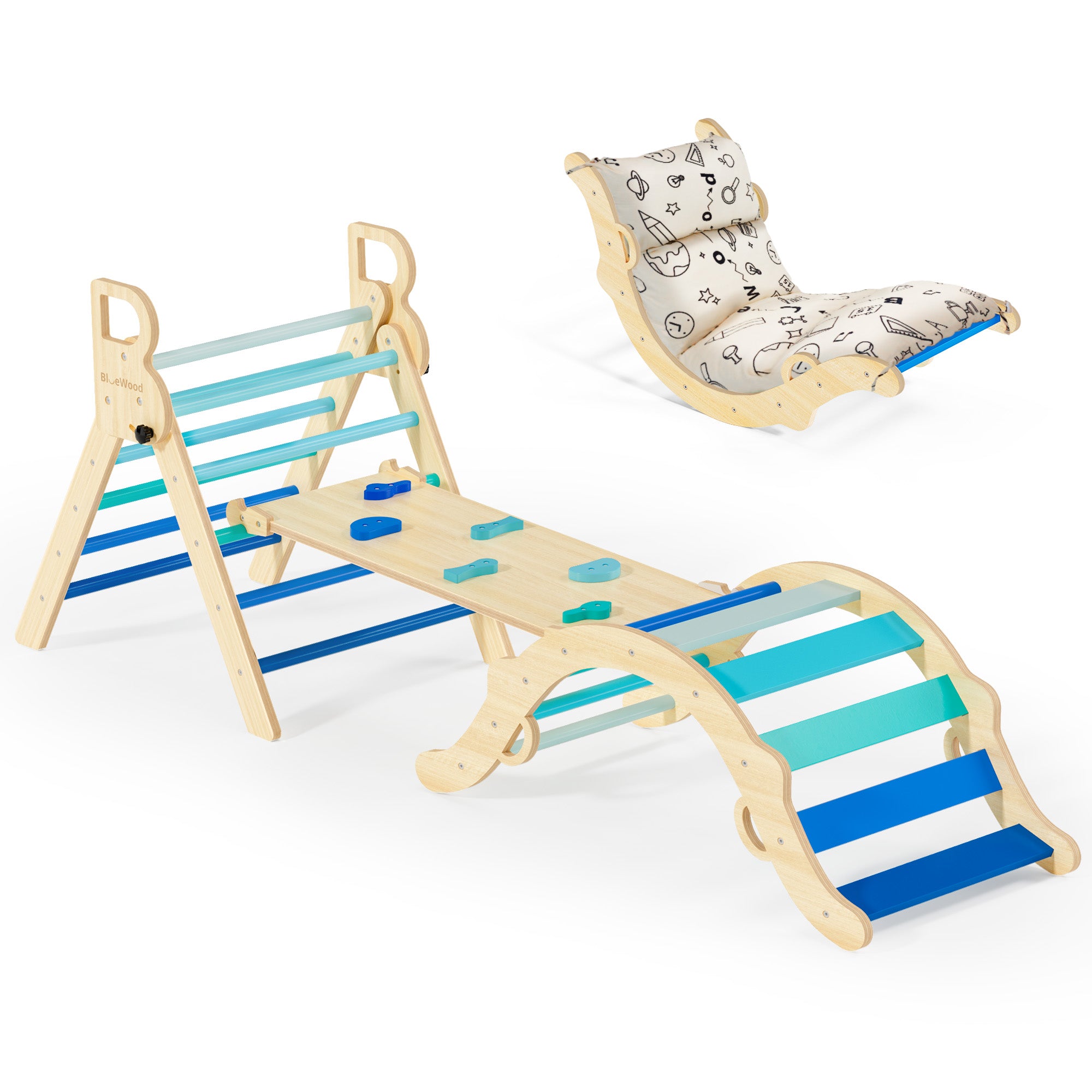 Totsicle - BlueWood® Pikler Triangle Playset avec coussin *Dégradé de bleu