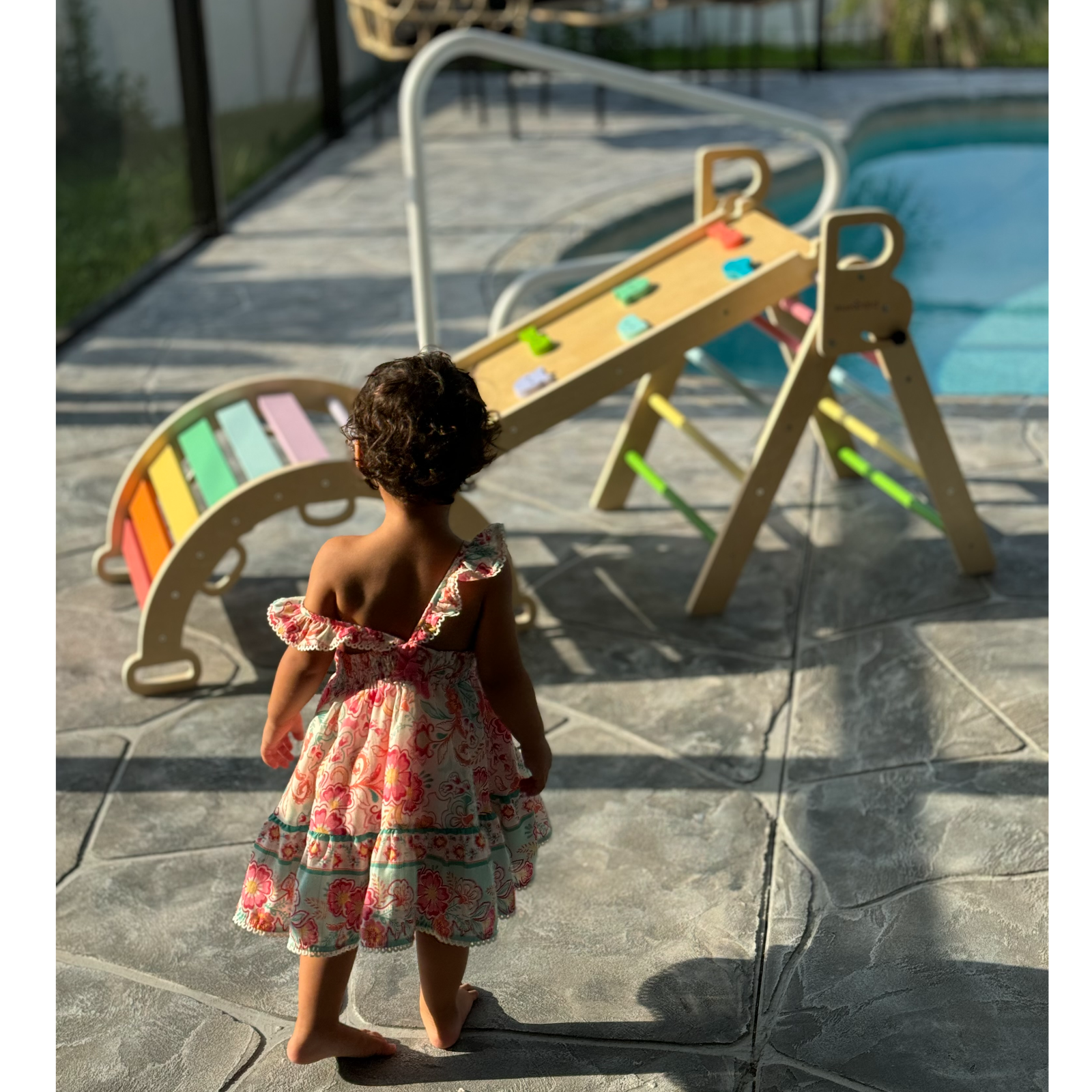 BlueWood Colorful Pikler Climbing Toys, swimming pool and lovely baby girl