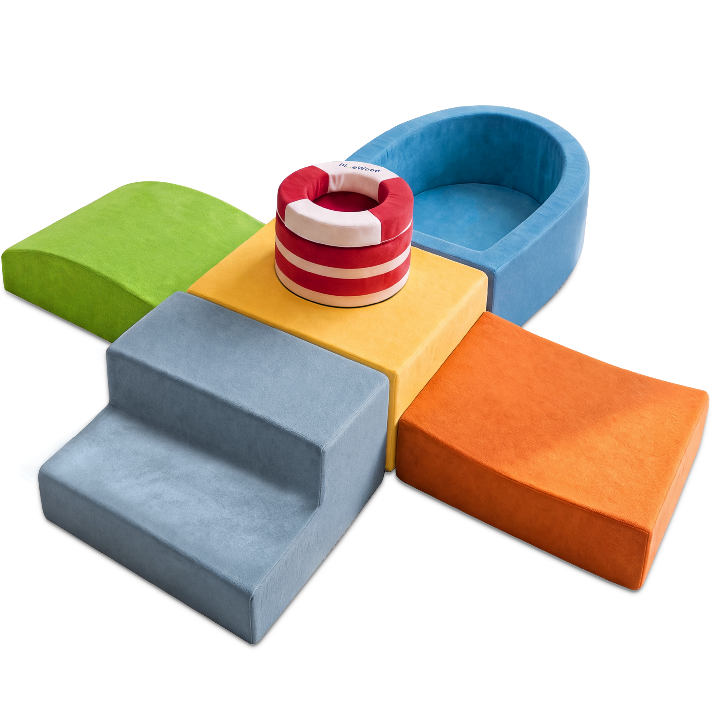BlueWood Foam Climbing Blocks for Toddlers, 7-Piece Baby Soft Play Set, Macaron Blue-yellow