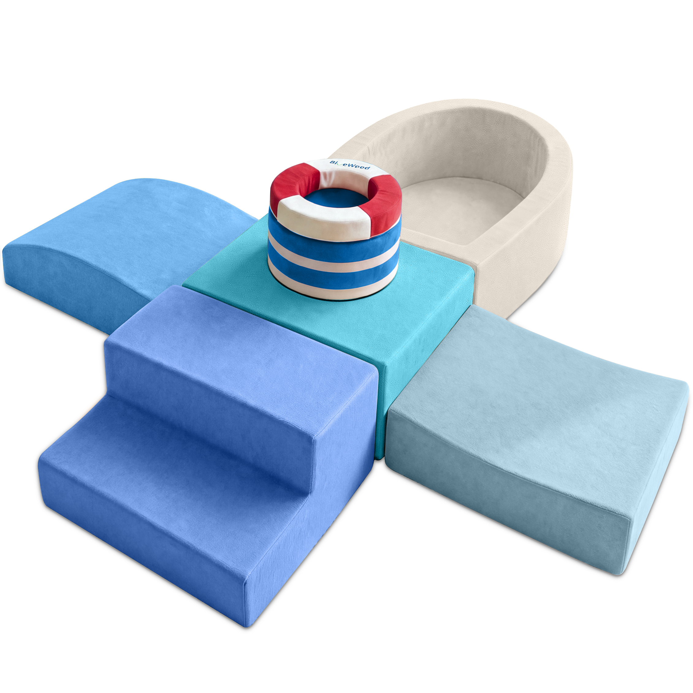 BlueWood Foam Climbing Blocks for Toddlers, 7-Piece Baby Soft Play Set, Macaron White-blue
