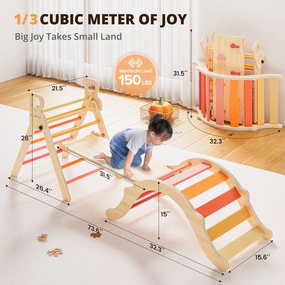 Pikler Triangle Set Foldable 8-in-1 Wooden Indoor Climbing Pink 3 Piece