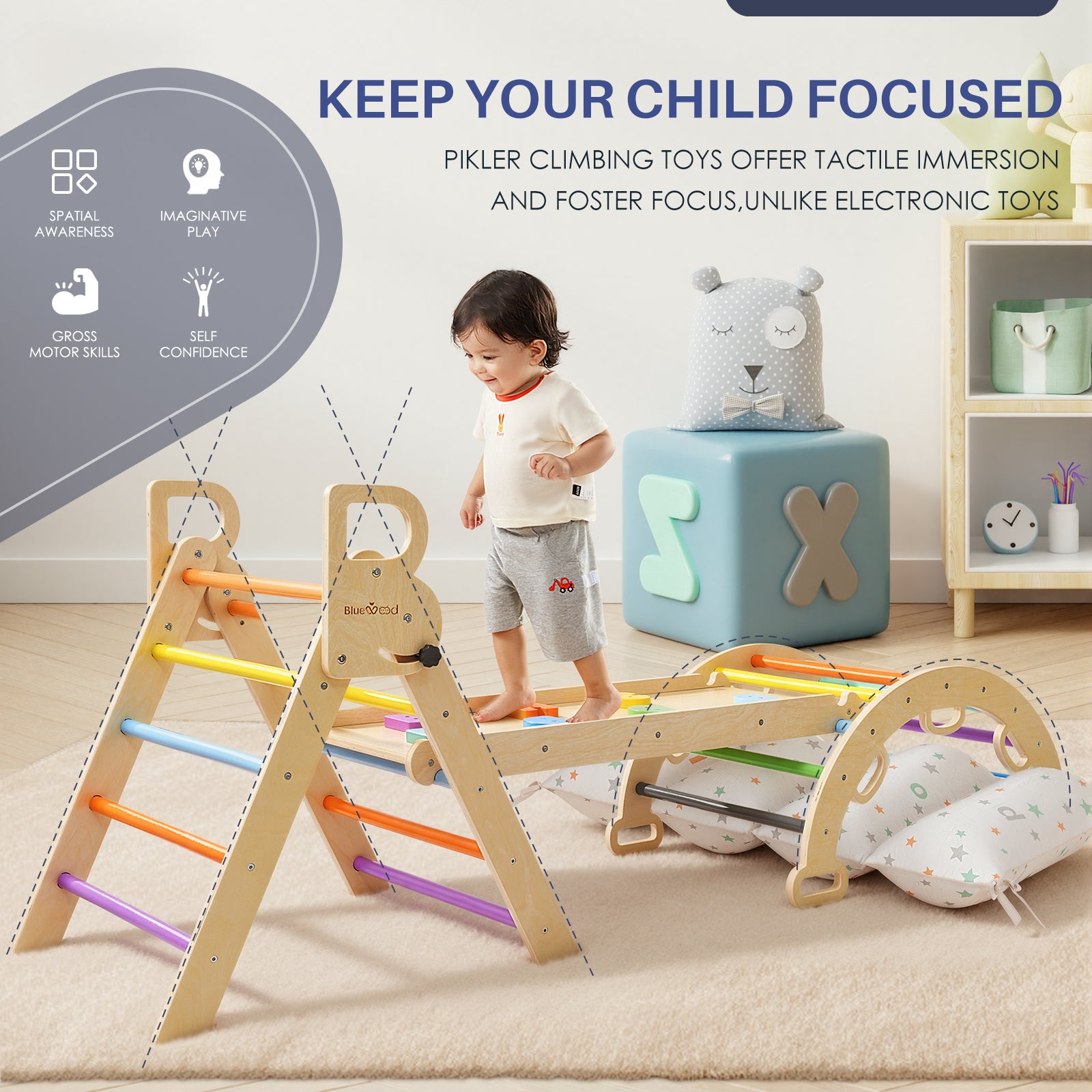 Nostalgia Series – BlueWood®’s Pikler Triangle Set with Cushions - 4 Color Options