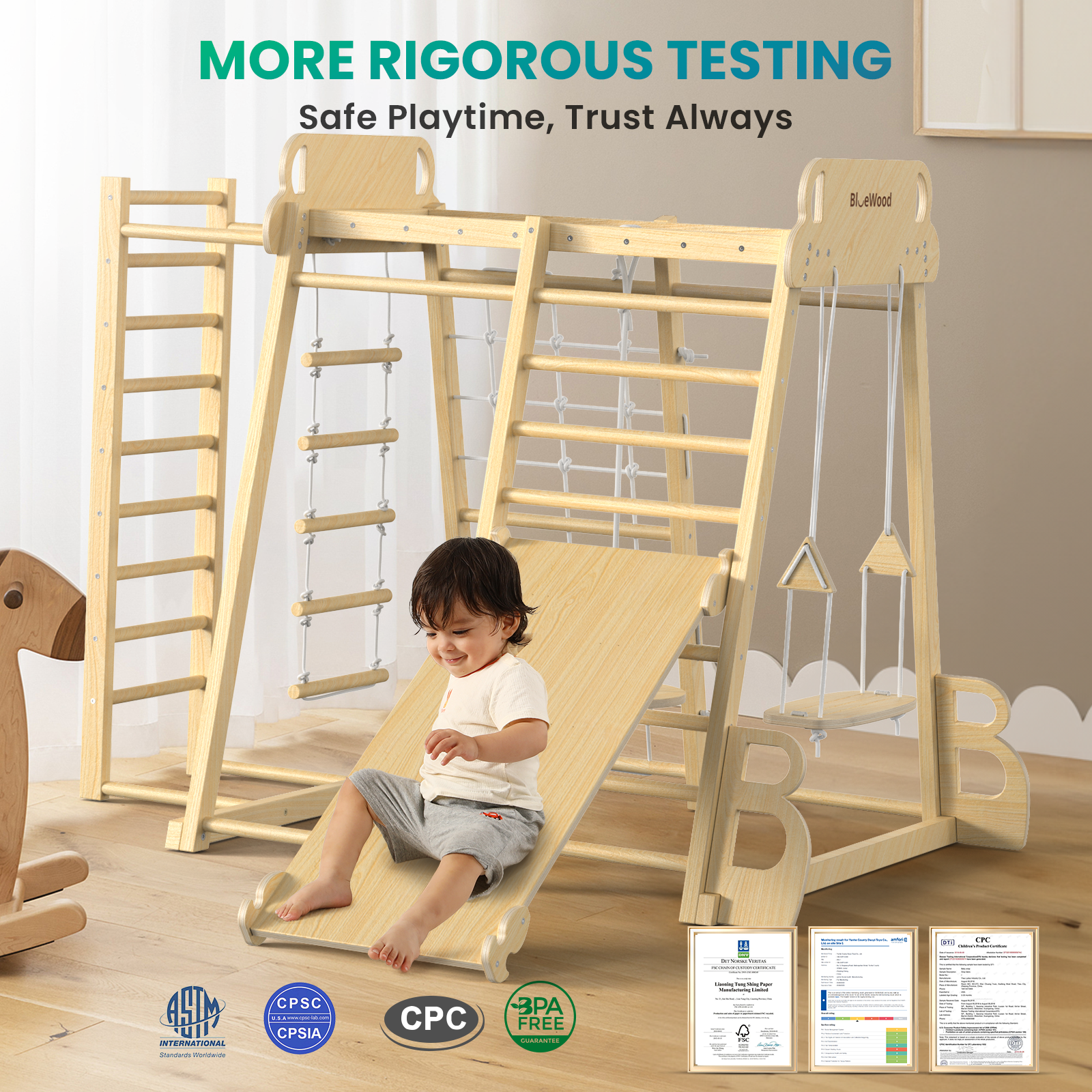 Safari Land- BlueWood® Indoor Jungle Gym Swing Sets*Natural Wood Tone