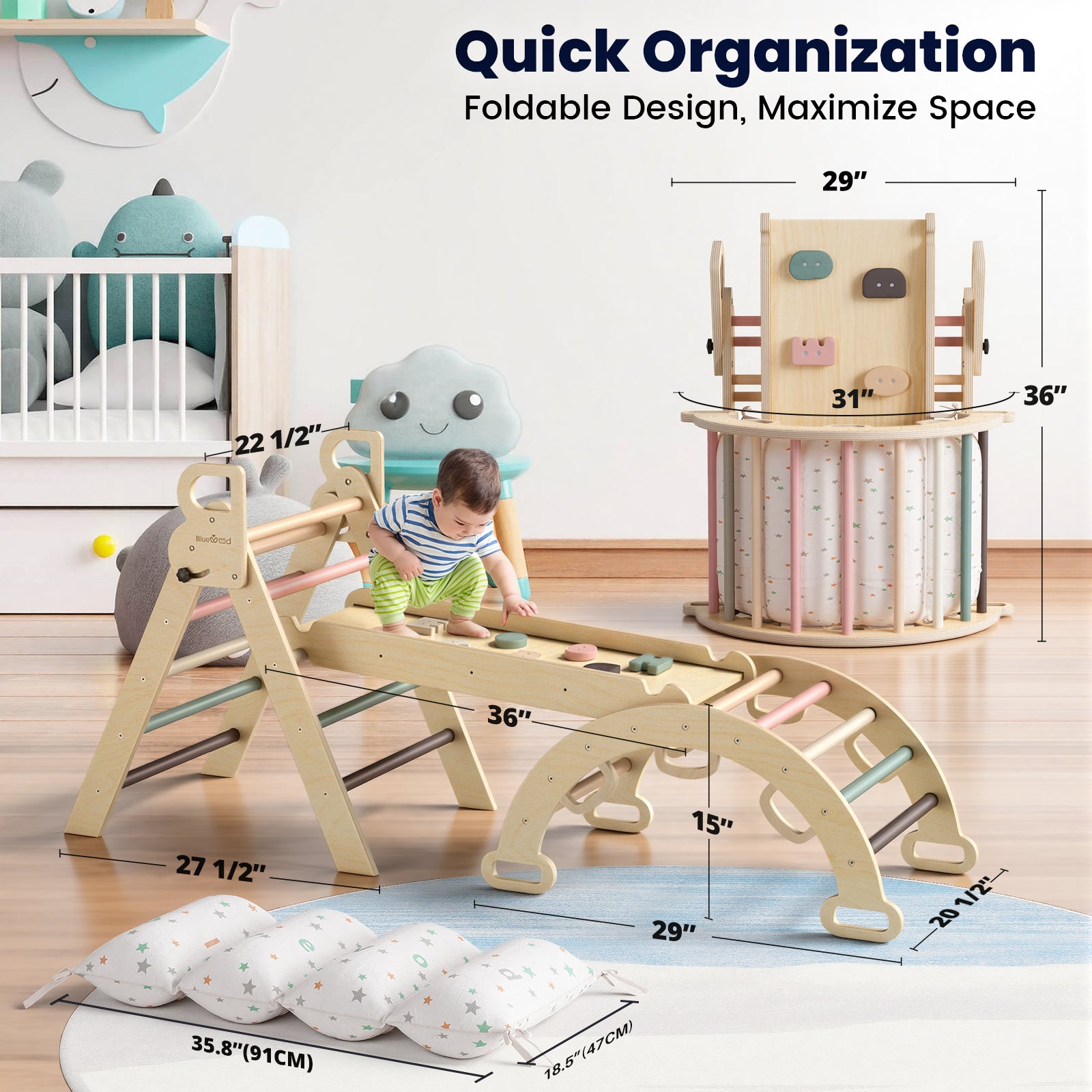 Nostalgia Series – BlueWood®’s Pikler Triangle Set with Cushions - 4 Color Options