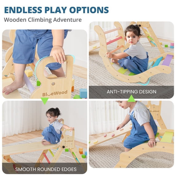 Pikler Triangle Set Indoor Jungle Gym Foldable Wooden 8-in-1 3-Piece