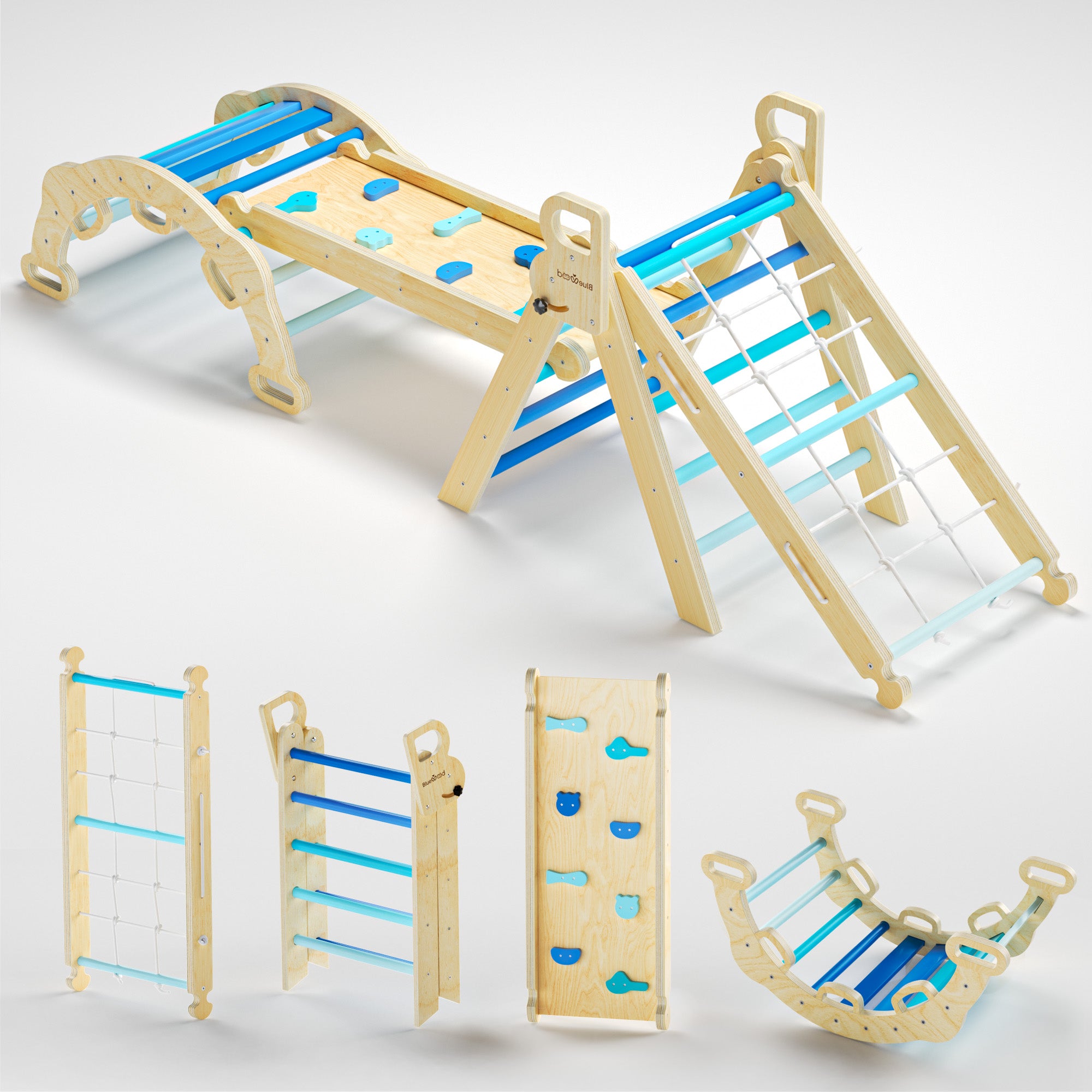 Escalera de cuerda Aurora-BlueWood® 2024, juego de triángulos Pikler *Azul degradado