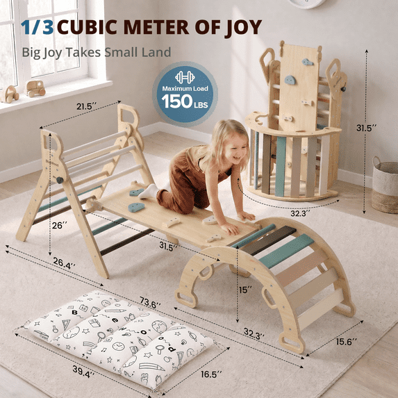 Pikler Triangle Set, Wood, 6 Months to 6 Years Children, 150 lb Load, 4 Piece, 8 in 1, Foldable