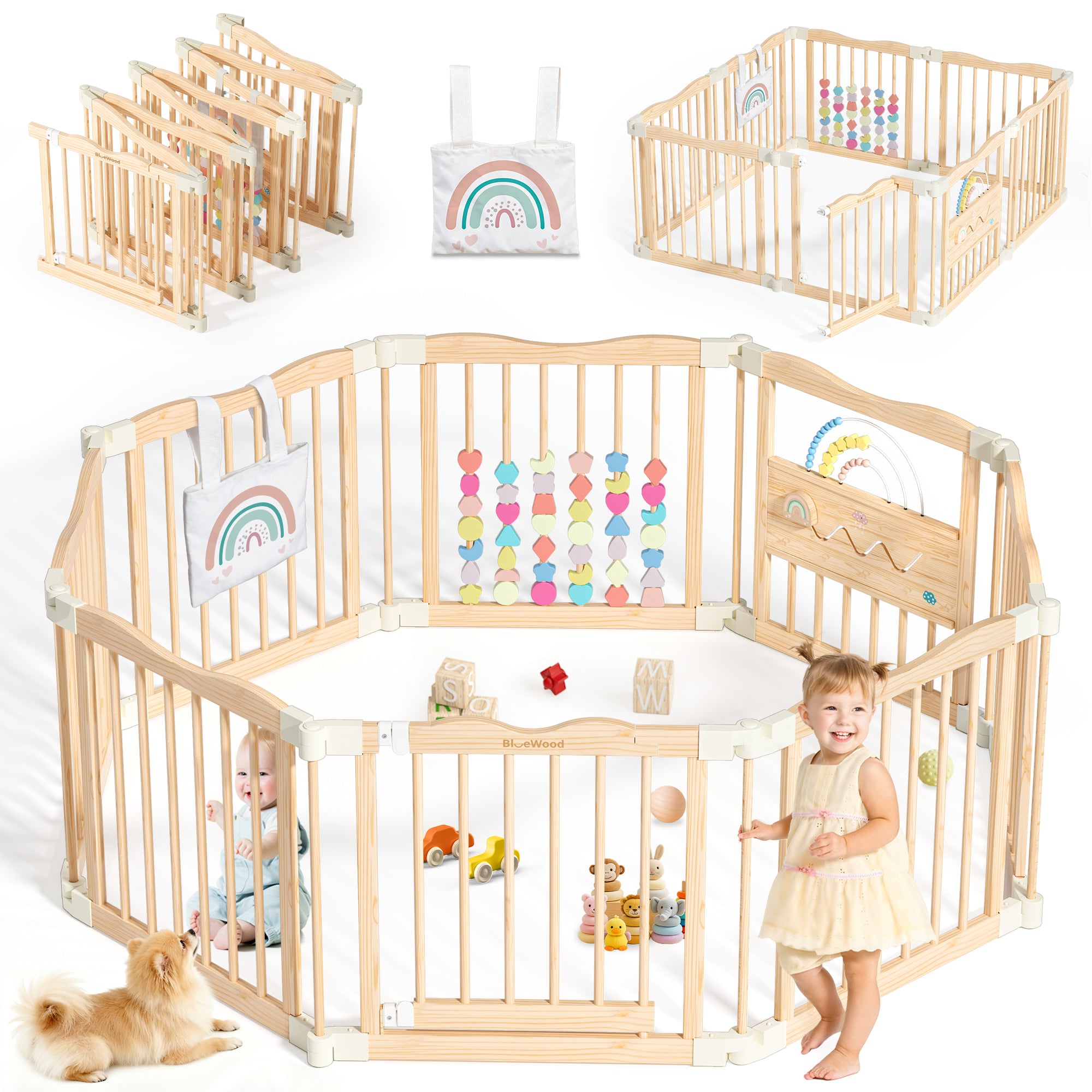 Halo - BlueWood® Baby Gate Playpen, Foldable, Baby Playpen with Sensory Board Features *Rainbow