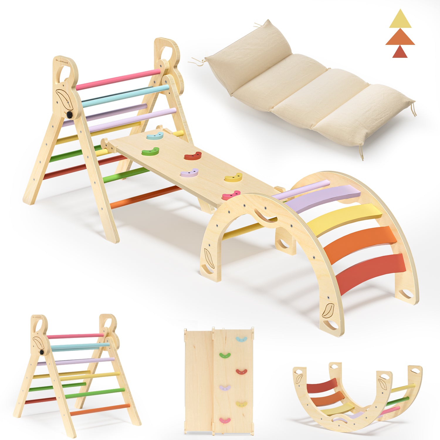 BlueWood Lightweight & Compact & Exquisite Montessori Triangle Climbing Set, Indoor Playground for Kids - 3 - Piece, Complete with Pads