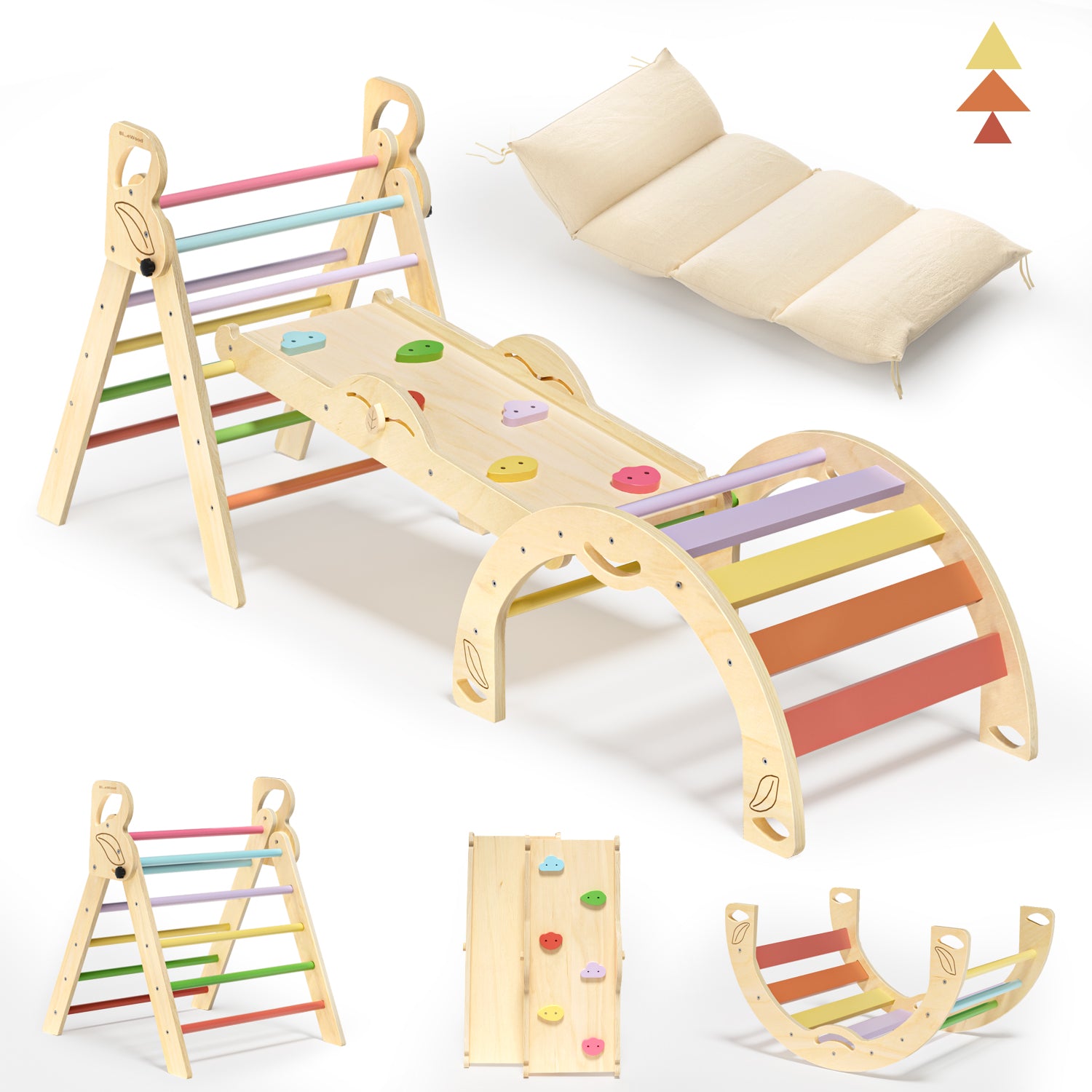 BlueWood Montessori Triangle Climbing Set, Indoor Playground for Kids - 3 - Piece, Complete with Pads