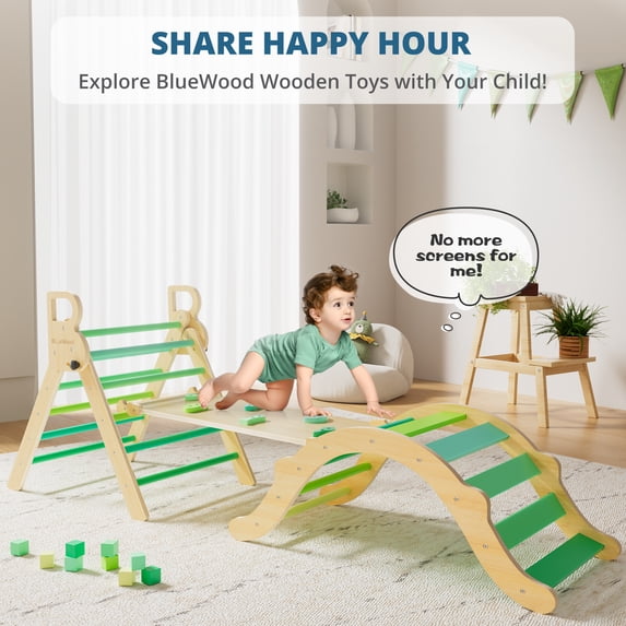 Foldable Wooden Pikler Triangle Set Indoor Jungle Gym, 8-in-1, Green, 3-Piece