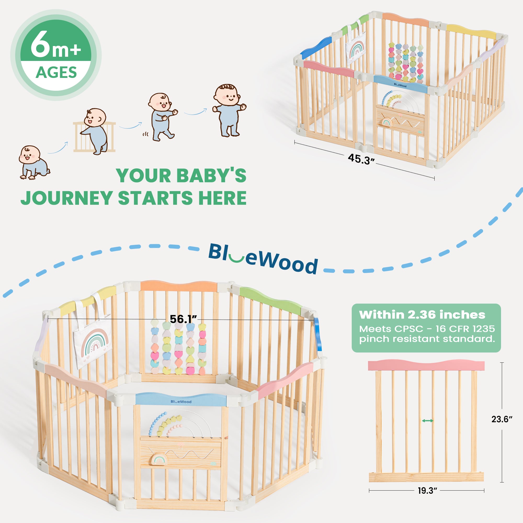 Halo – BlueWood® Wooden Baby Playpen Without Door, Foldable, Colorful Dream, 8 Pcs