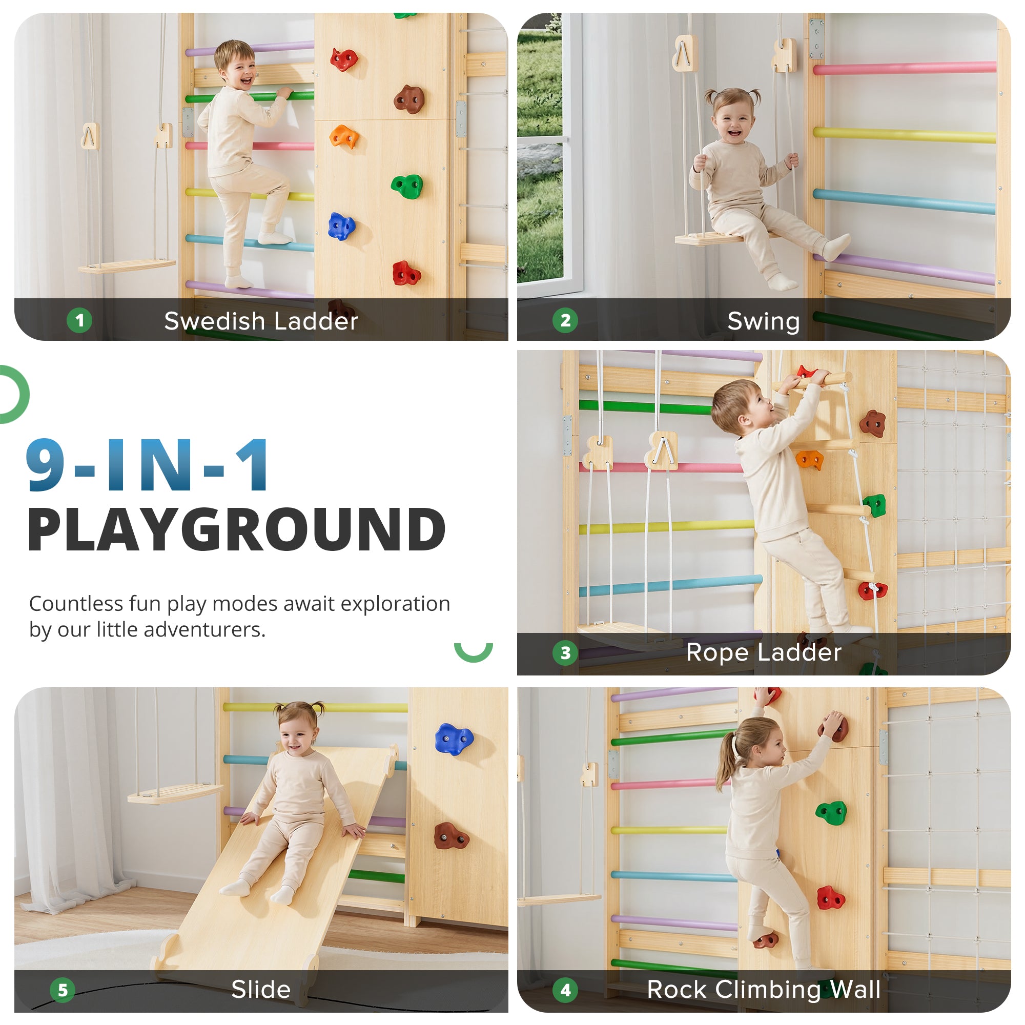 MODIG- BlueWood® Swedish Ladder Indoor Jungle Gym Swing Sets * Aurora Rainbow
