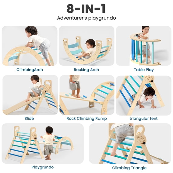 Triangle Climbing Set Indoor Playground for Kids Lightweight Compact Wood 3-Piece Blue