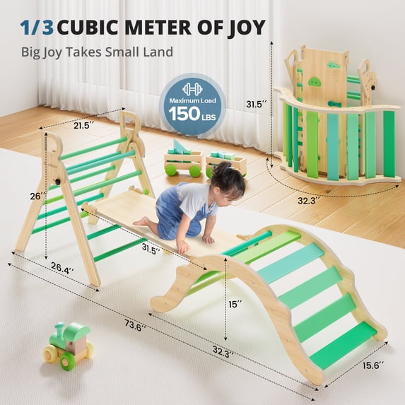 Foldable Wooden Pikler Triangle Set Indoor Jungle Gym, 8-in-1, Green, 3-Piece