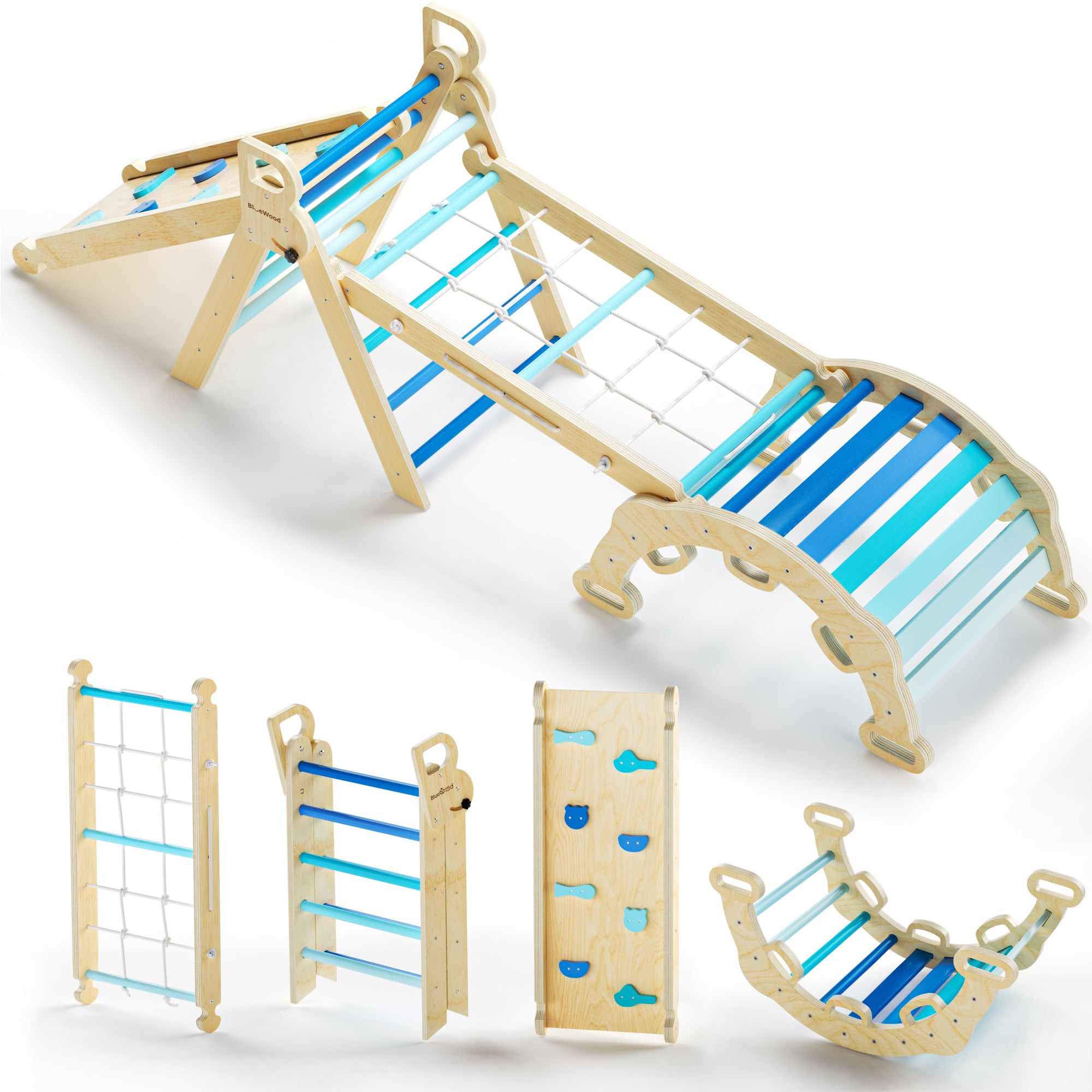 Aurora – BlueWood® Pikler Triangle Set with Rope Ladder (4-Piece) * 4 Color Options