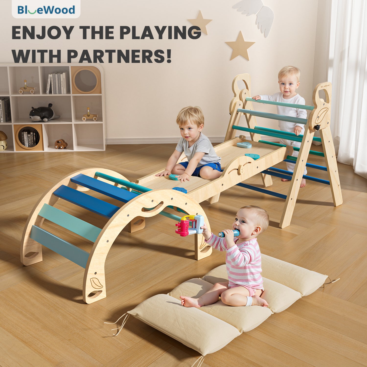 BlueWood Montessori Triangle Climbing Set, Indoor Playground for Kids - 3 - Piece, Complete with Pads