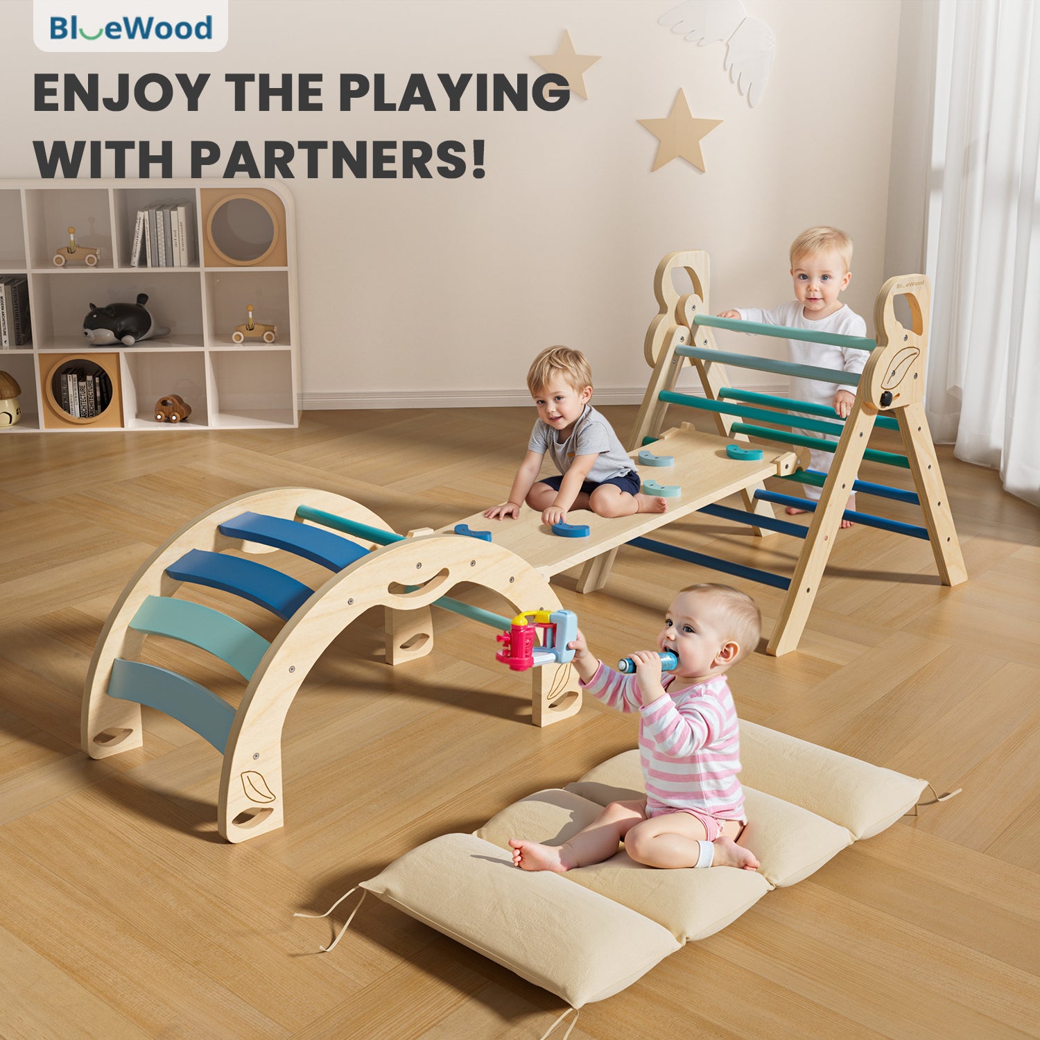 BlueWood Lightweight & Compact & Exquisite Montessori Triangle Climbing Set, Indoor Playground for Kids - 3 - Piece, Complete with Pads