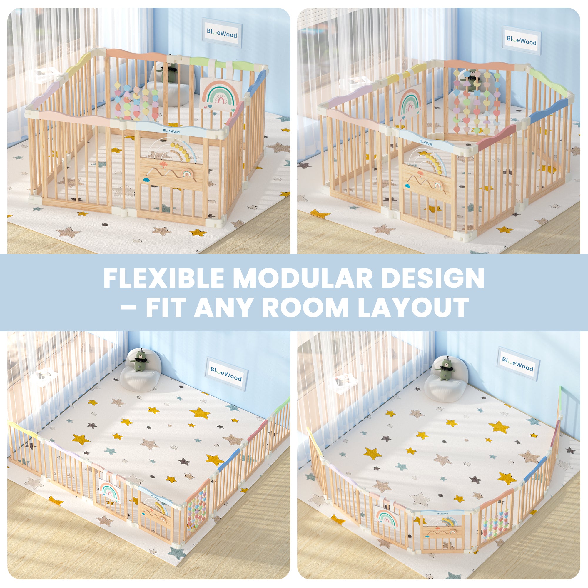 Halo – BlueWood® Wooden Baby Playpen Without Door, Foldable, Colorful Dream, 8 Pcs