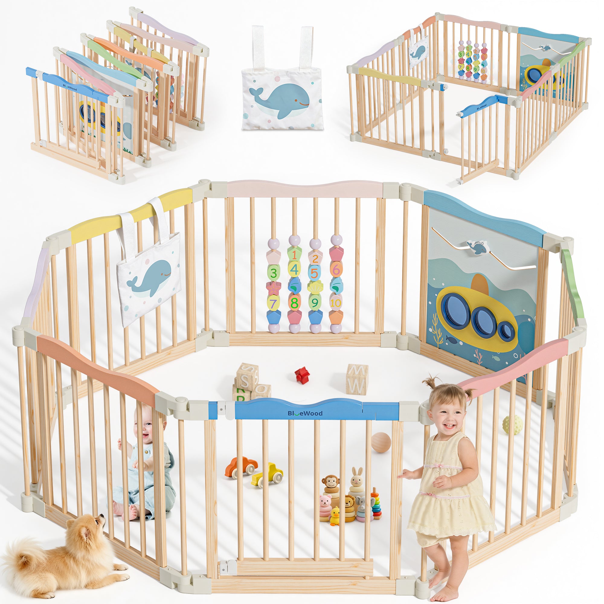Halo - BlueWood® Baby Gate Playpen, Foldable, Baby Playpen with Sensory Board Features *Blue Whale