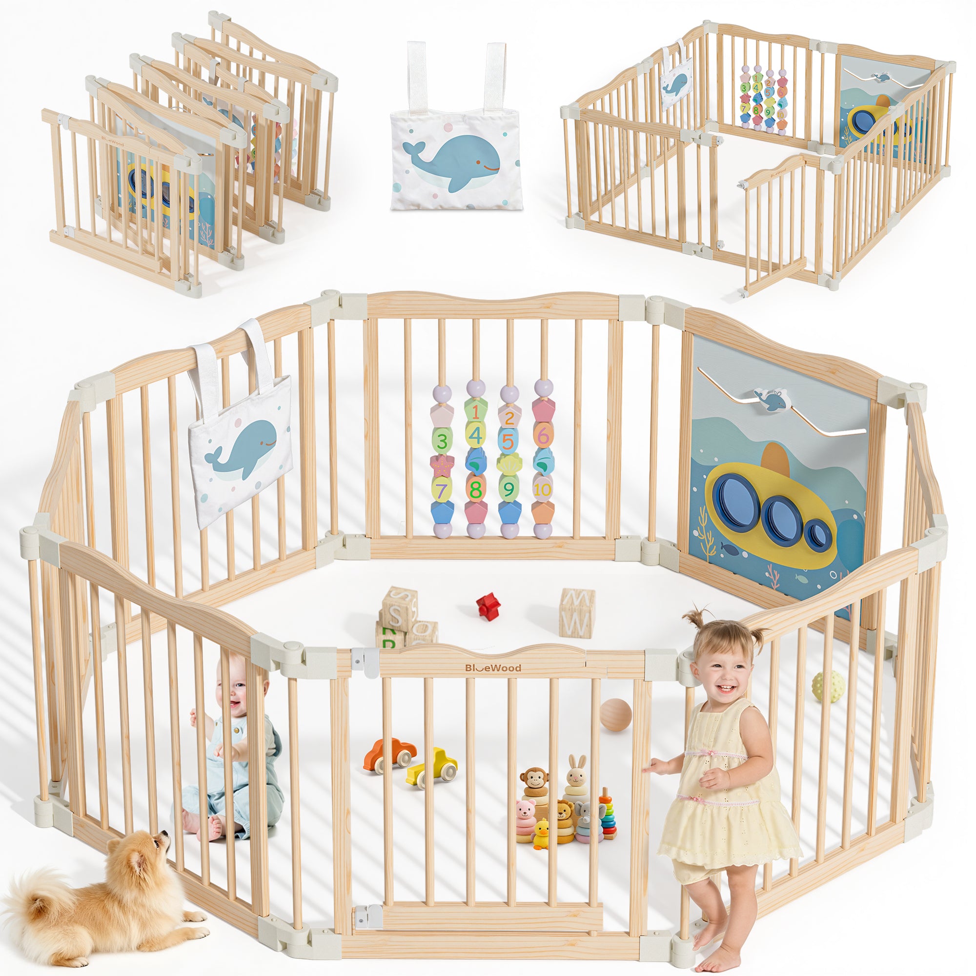 BlueWood® Baby Gate Playpen, Foldable, Baby Playpen with Sensory Board Features *Blue Whale in Wood Tone