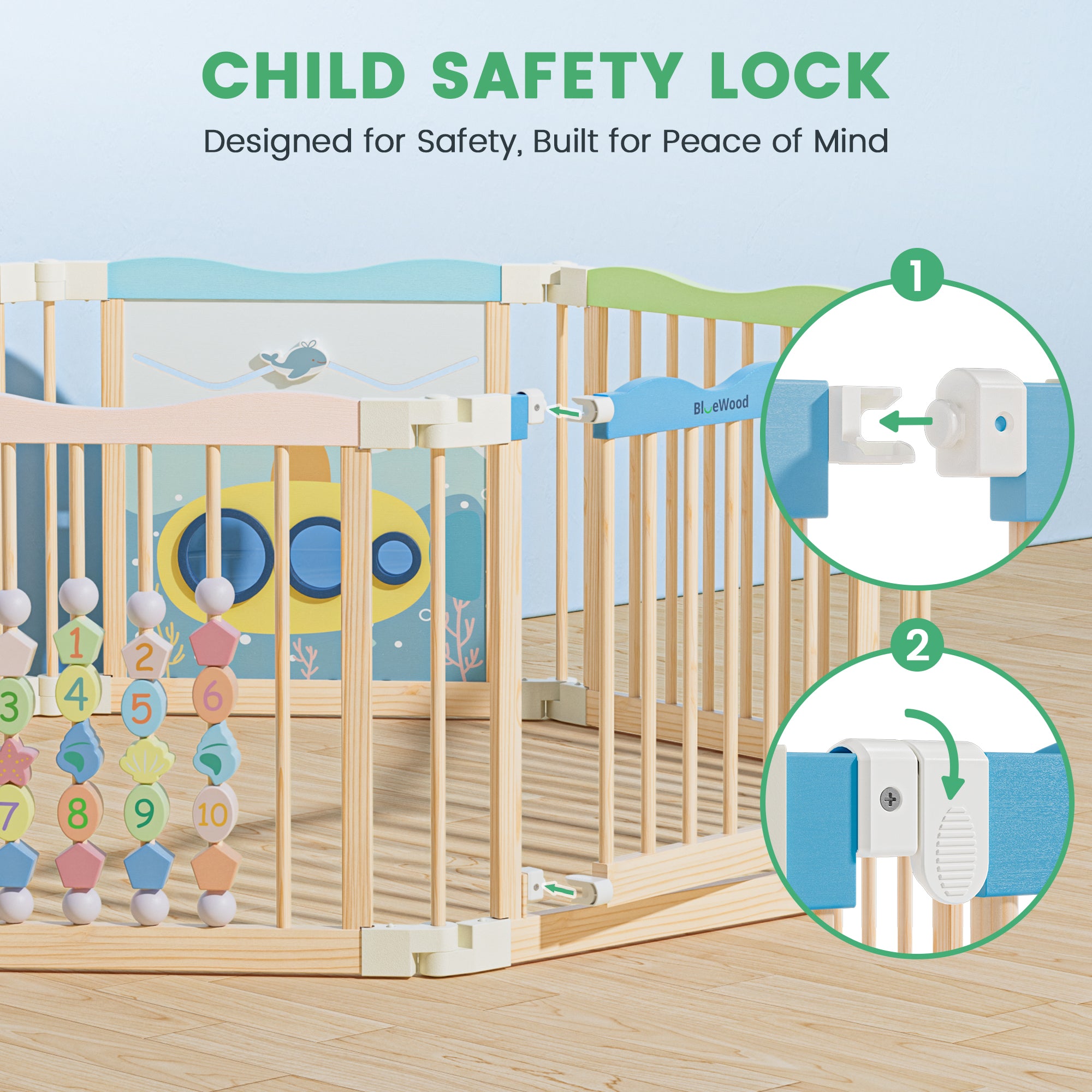 Halo - BlueWood® Baby Gate Playpen, Foldable, Baby Playpen with Sensory Board Features *Blue Whale