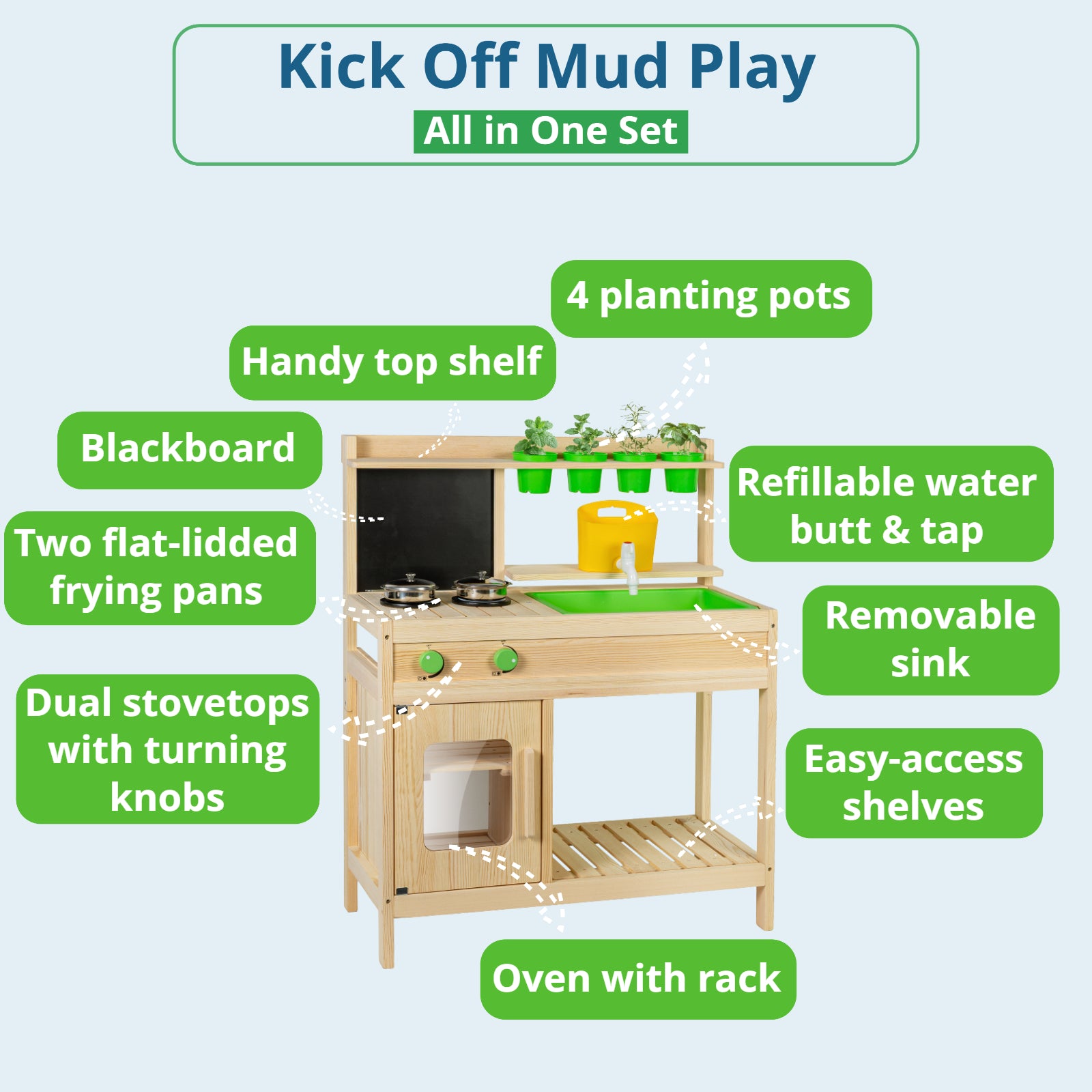 Pure Wood Mud Kitchen — For Backyard & Patio or Indoor Pretend Food Play