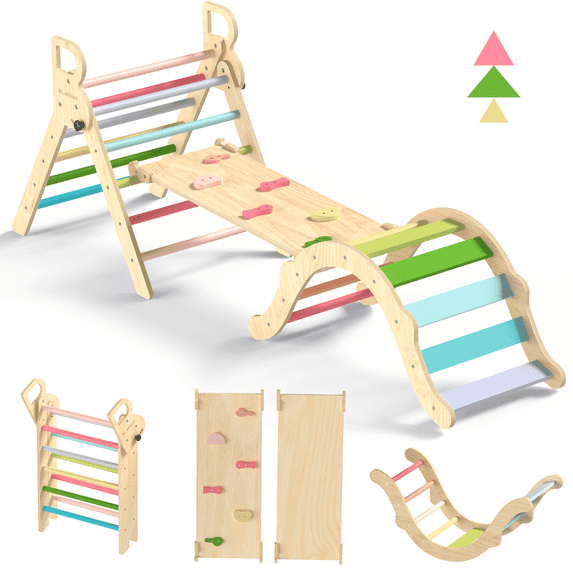 Pikler Triangle Set Indoor Jungle Gym Foldable Wooden 8-in-1 3-Piece
