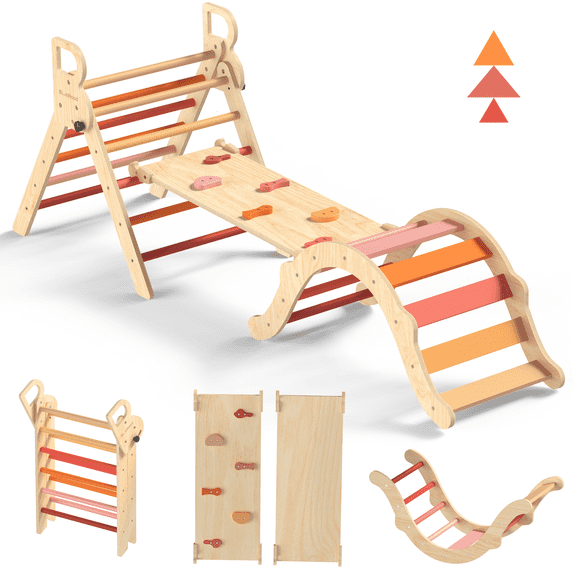 Pikler Triangle Set Foldable 8-in-1 Wooden Indoor Climbing Pink 3 Piece