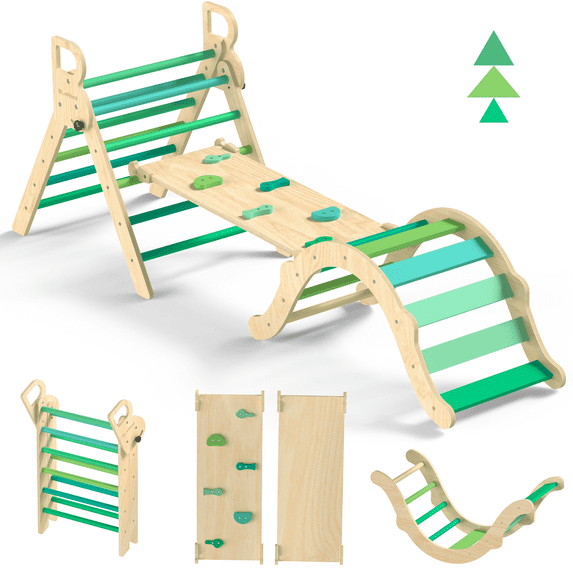 Foldable Wooden Pikler Triangle Set Indoor Jungle Gym, 8-in-1, Green, 3-Piece