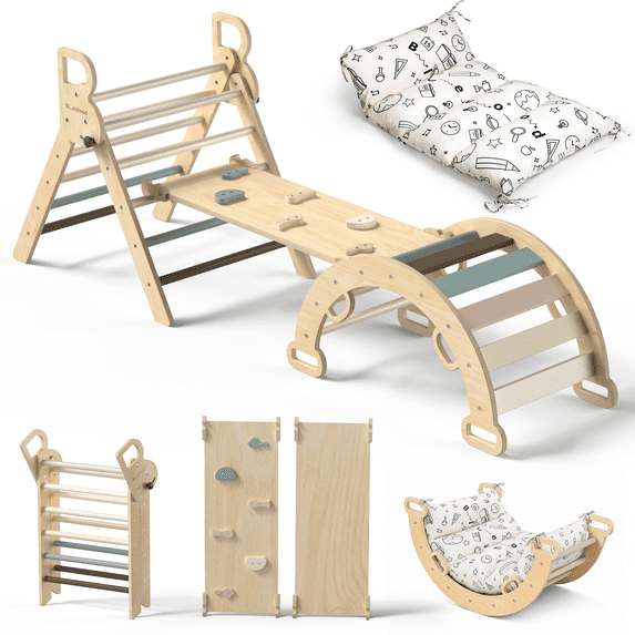 Pikler Triangle Set, Wood, 6 Months to 6 Years Children, 150 lb Load, 4 Piece, 8 in 1, Foldable