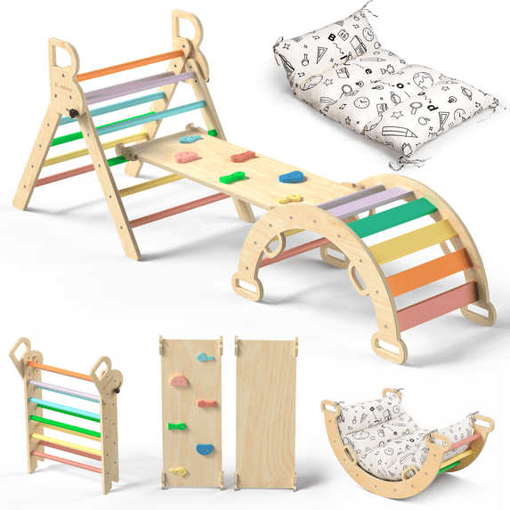Pikler Triangle Set, 4 Piece, 6M - 6Y Children, 150 lb Load, 8 in 1, Foldable