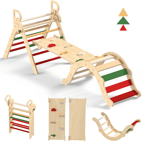 Pikler Triangle Set 8-in-1 Foldable Wooden Indoor Jungle Gym 1-Count