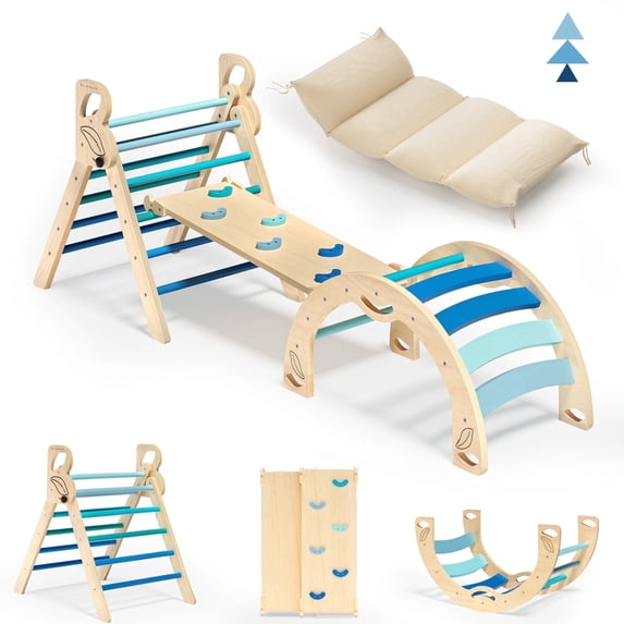 Pikler Triangle Set Indoor Playground Climber Lightweight Compact 3-Piece Blue