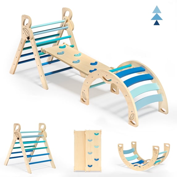 Triangle Climbing Set Indoor Playground for Kids Lightweight Compact Wood 3-Piece Blue
