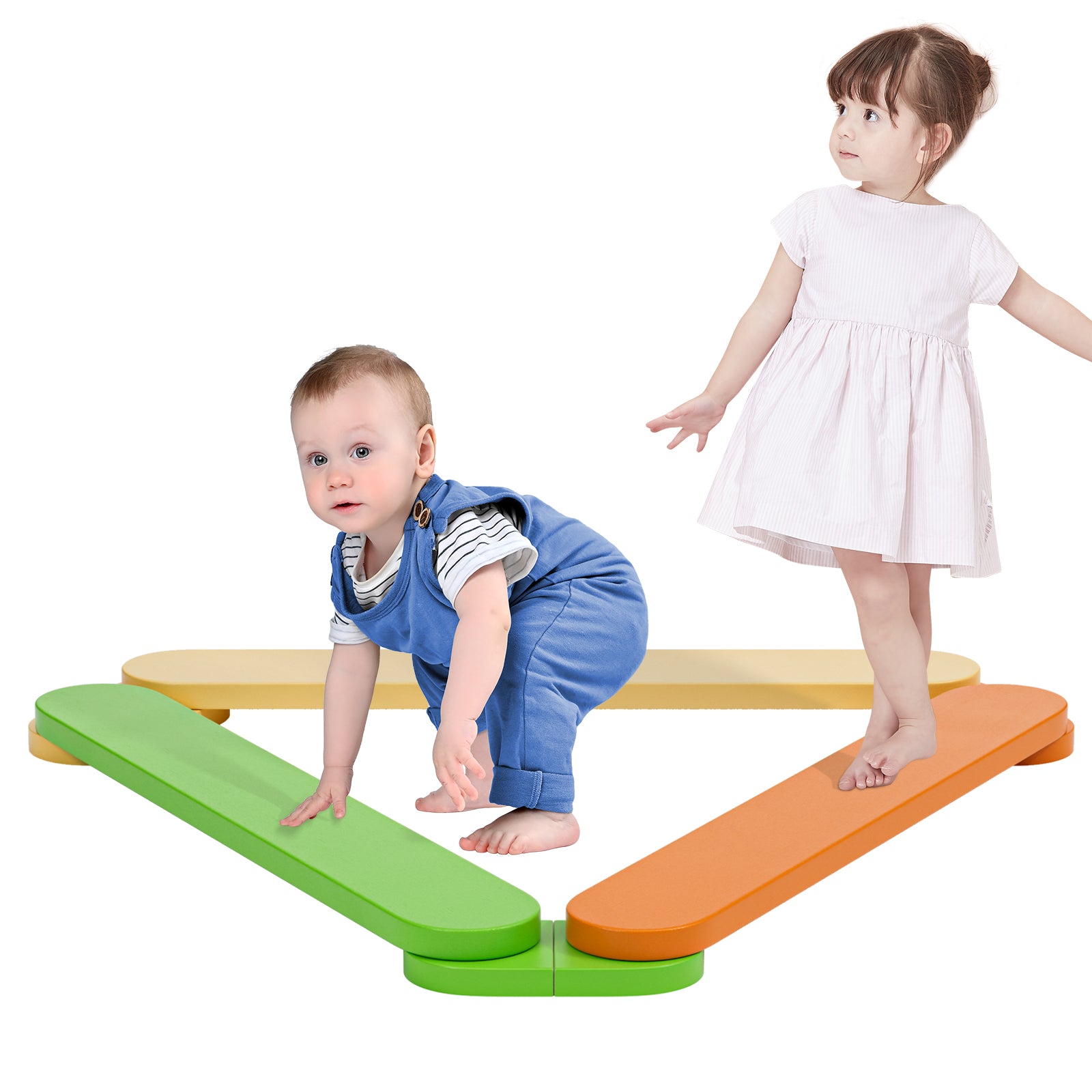 BlueWood Wooden Balance Beam in 3 colors, yellow, orange and green, a combination of three planks for children, exercise balance and brain development, often associated with the Montessori educational philosophy, is a home, kindergarten teaching aids, toys.