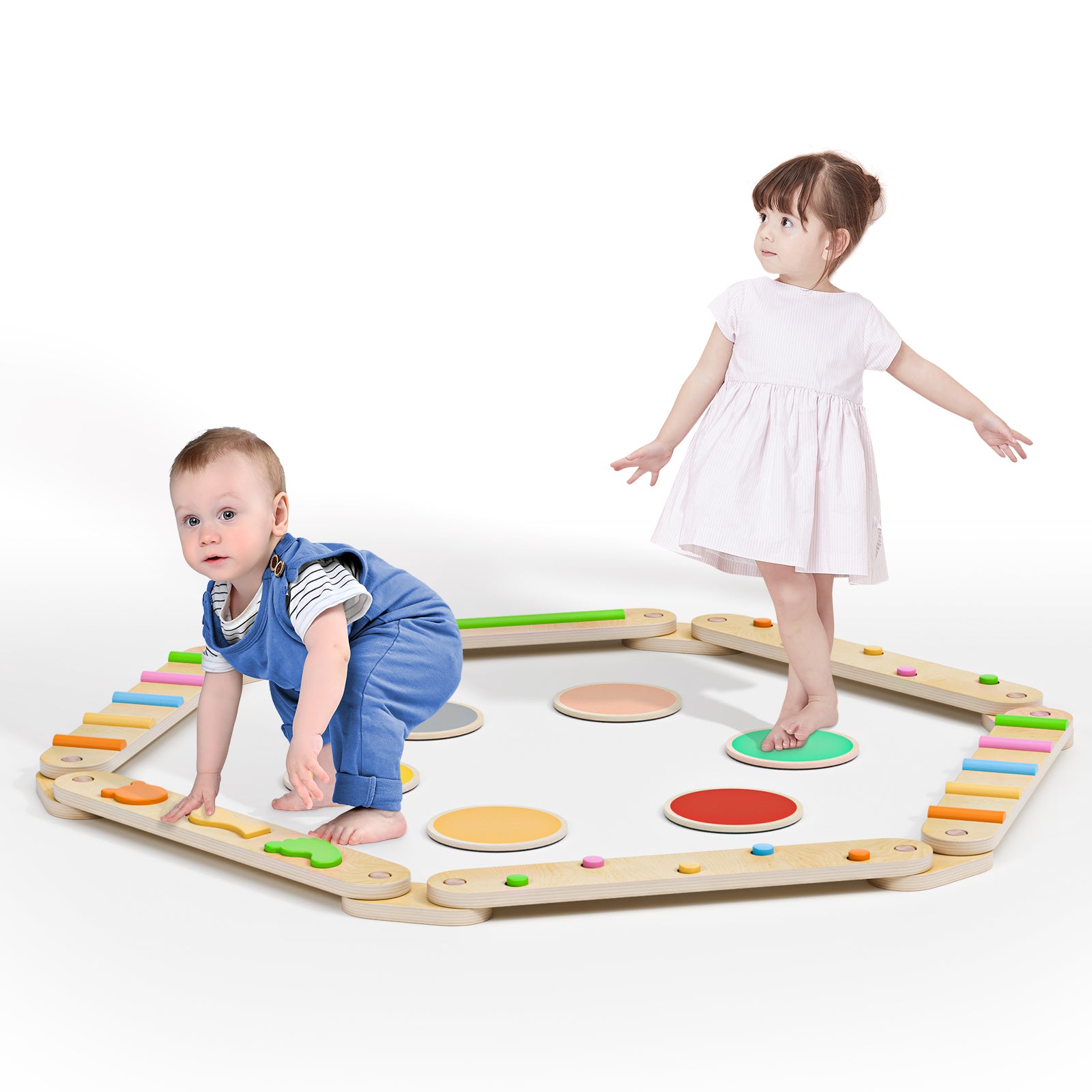 BlueWood Wooden Balance Beam in 6 colors, yellow, orange, blue, red, pink and green, a combination of six planks for children, exercise balance and brain development, often associated with the Montessori educational philosophy, is a home, kindergarten teaching aids, toys.