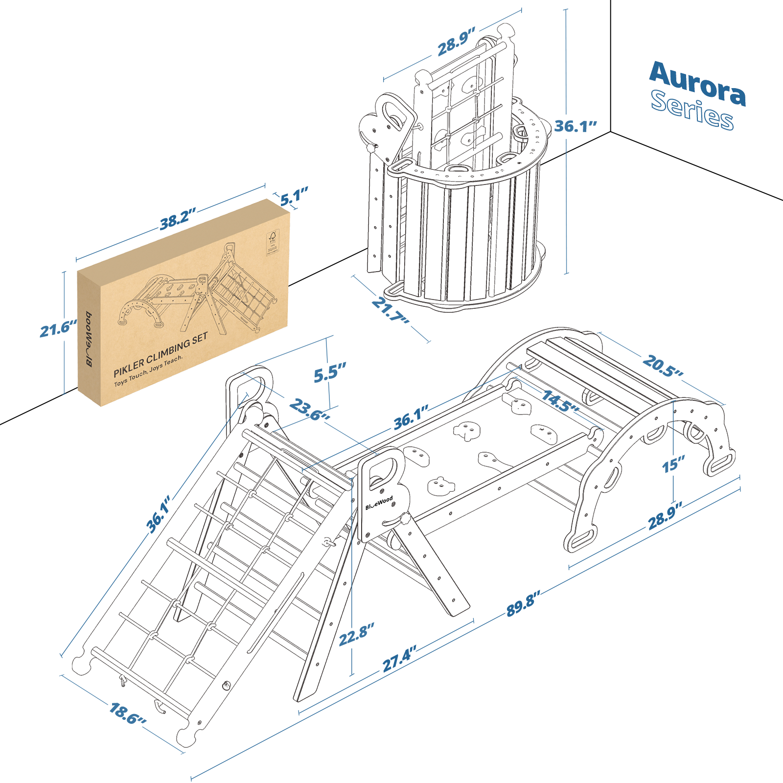 Dimensions of Aurora- BlueWood® 2024 Pikler Triangle Set