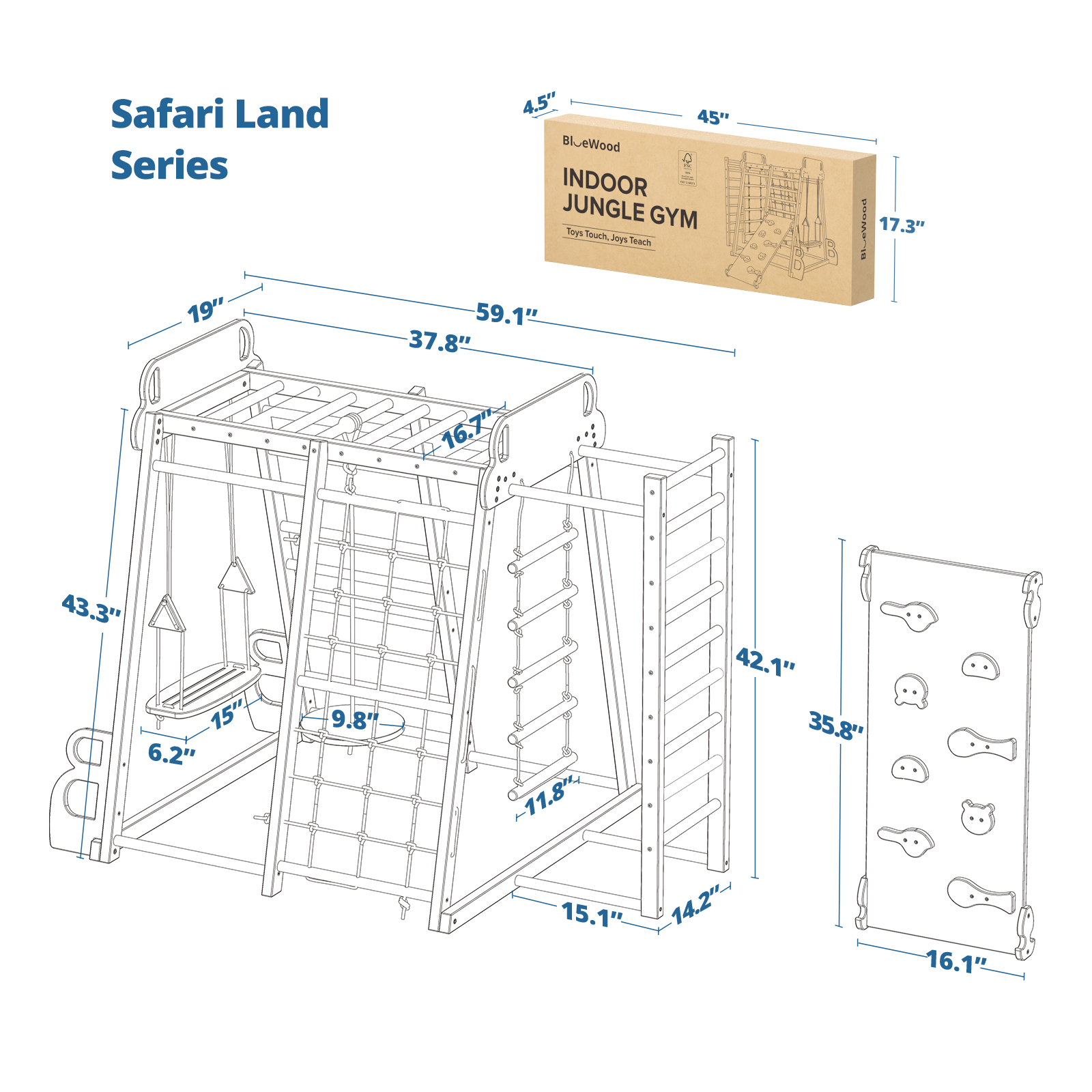 Dimensions of Safari Land- BlueWood® Indoor Jungle Gym