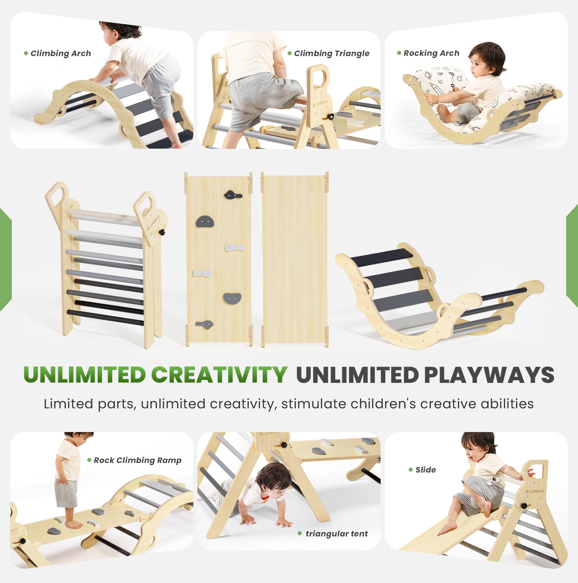 Totsicle- BlueWood® Pikler Triangle Playset with Cushion *Gray