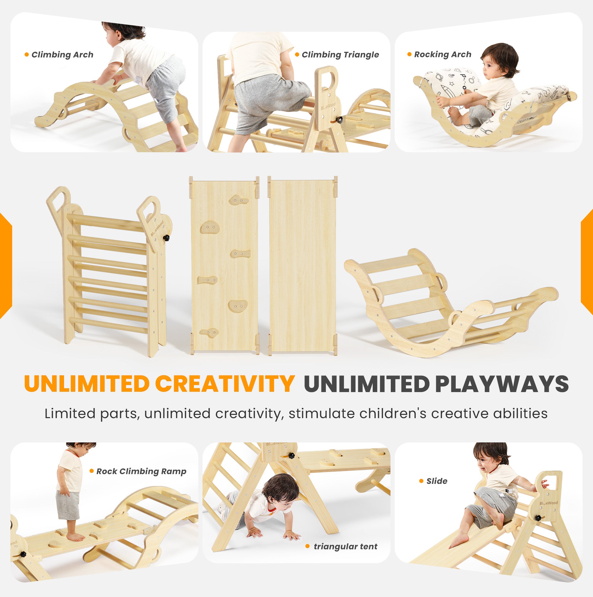 Totsicle- BlueWood® Pikler Triangle Playset with Cushion *Wood Tone