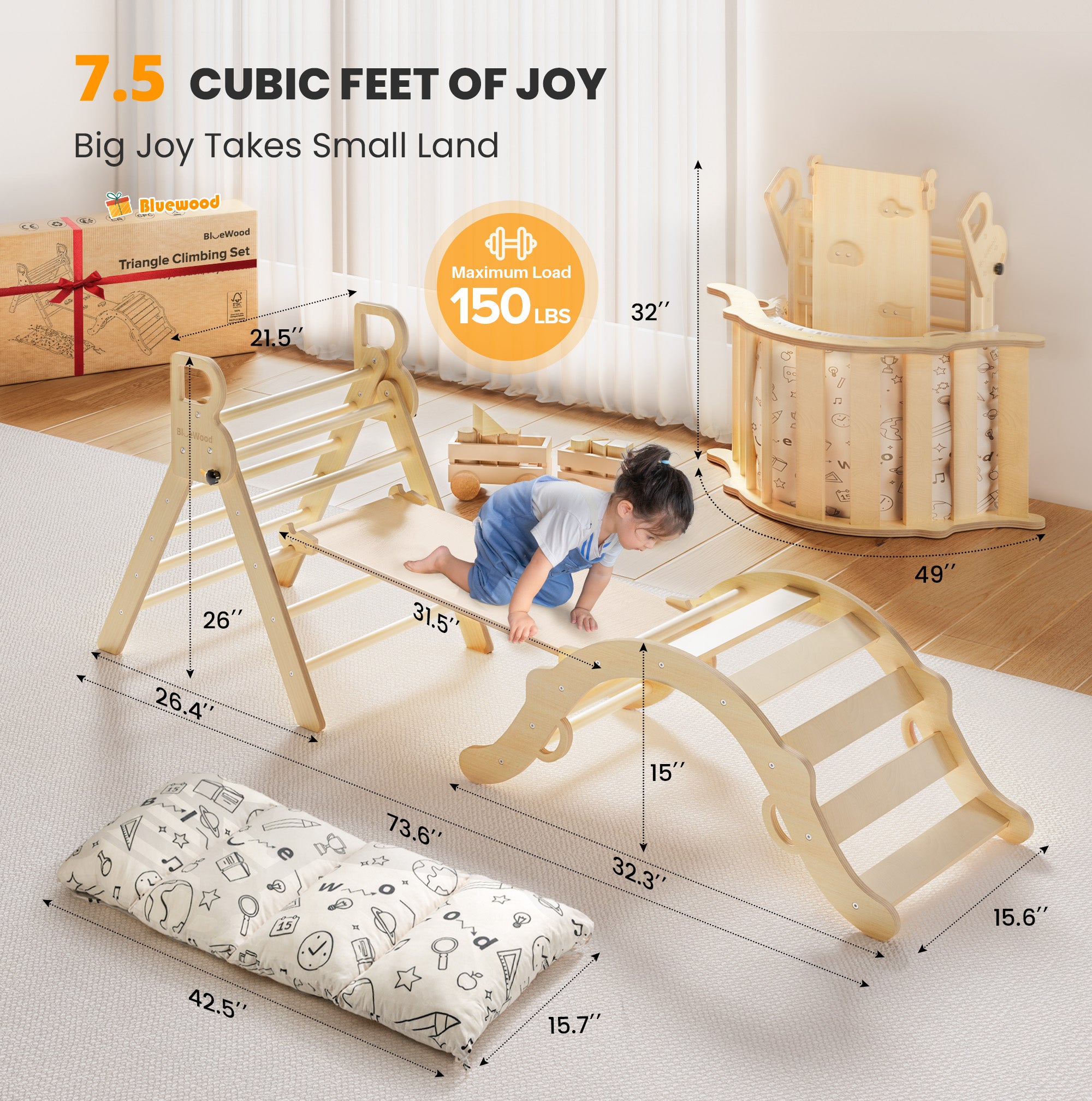 Totsicle- BlueWood® Pikler Triangle Playset with Cushion *Wood Tone