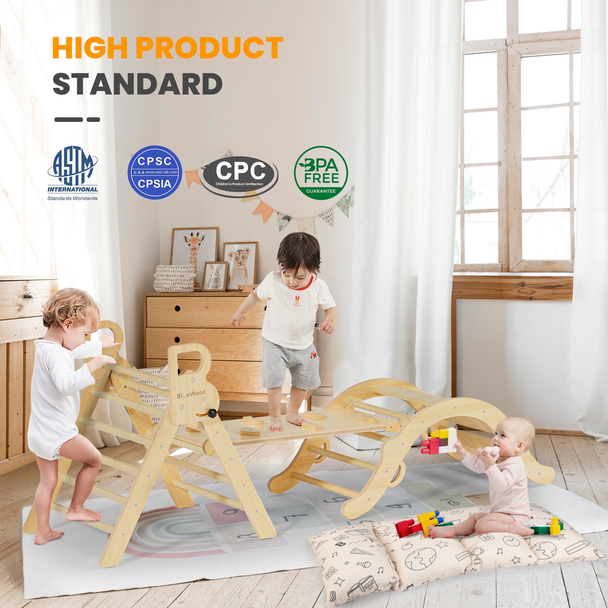 Totsicle- BlueWood® Pikler Triangle Playset with Cushion *Wood Tone