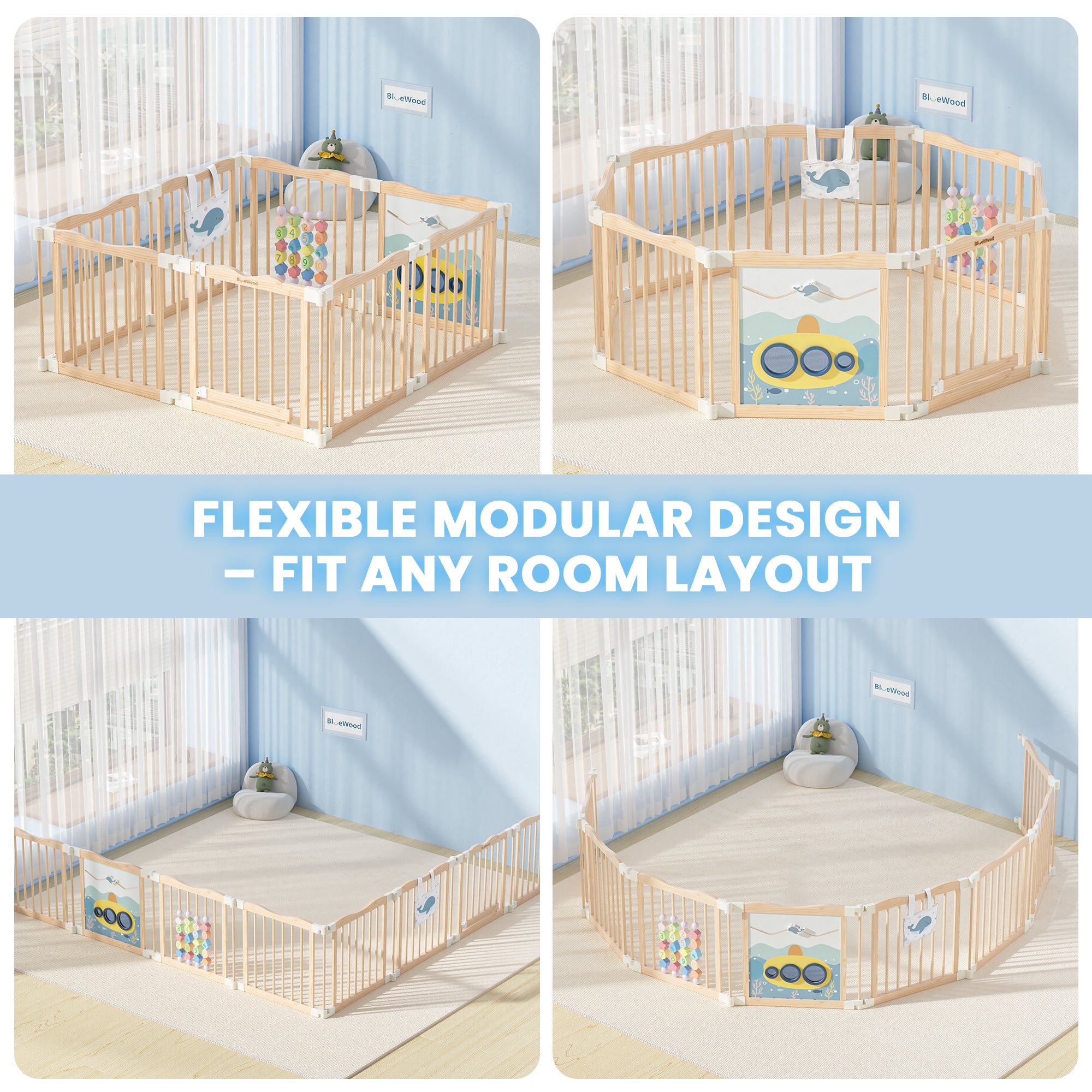 BlueWood® Baby Gate Playpen, Foldable, Baby Playpen with Sensory Board Features *Blue Whale in Wood Tone