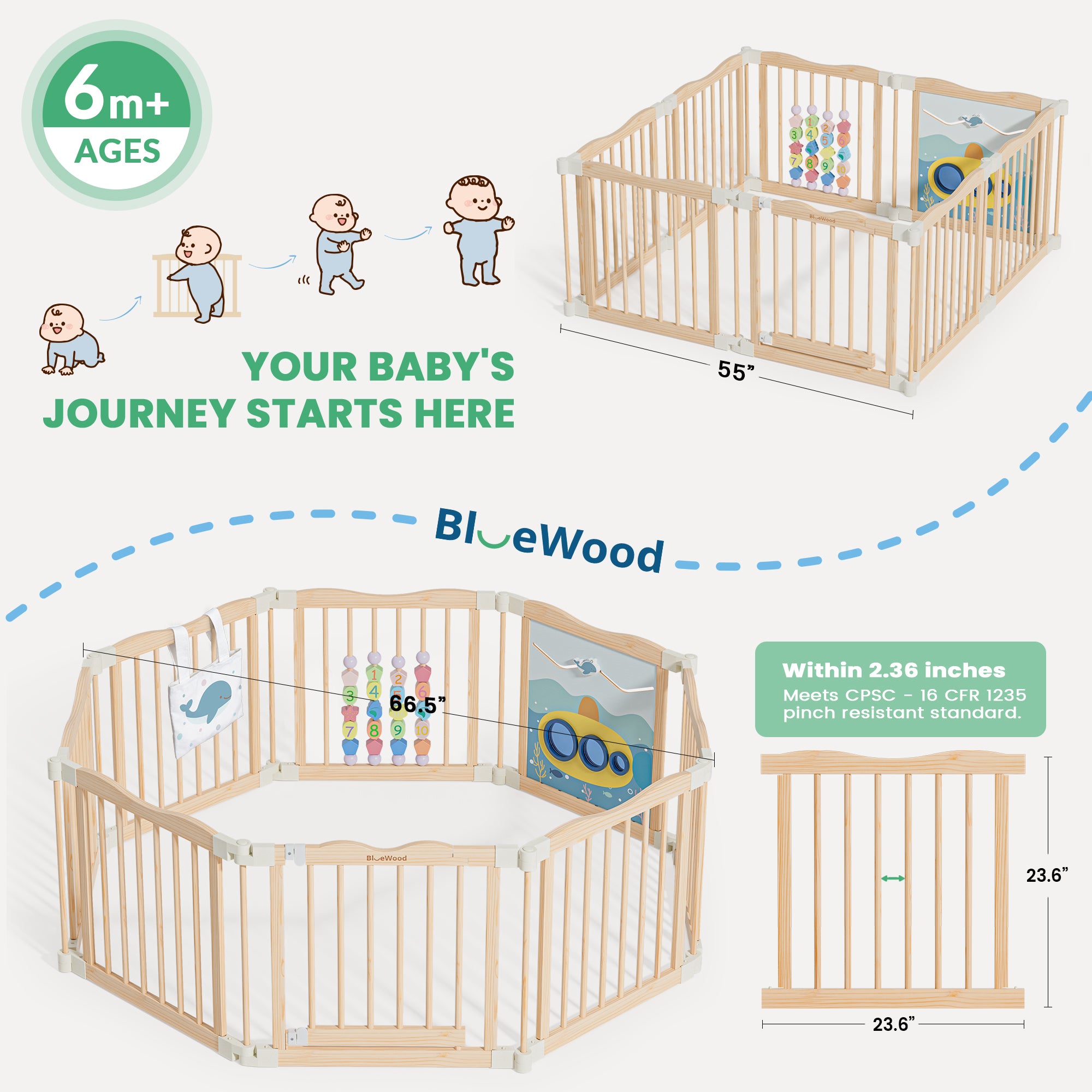 BlueWood® Baby Gate Playpen, Foldable, Baby Playpen with Sensory Board Features *Blue Whale in Wood Tone