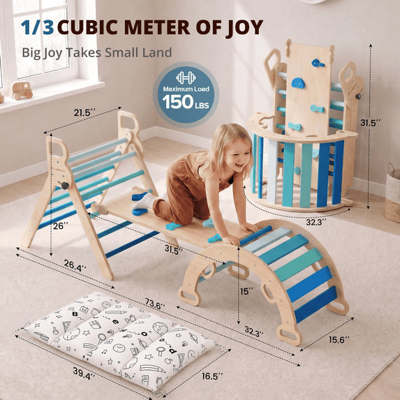 Pikler Triangle Set, 8 in 1, for 6 Months to 6 Years Children, 150 lb Load, 4 Piece, Foldable